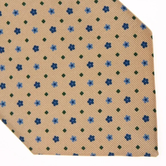 Drake's NWT Neck Tie Beige w/ Blue & Green Mini Floral / Geo Pattern 100% Silk